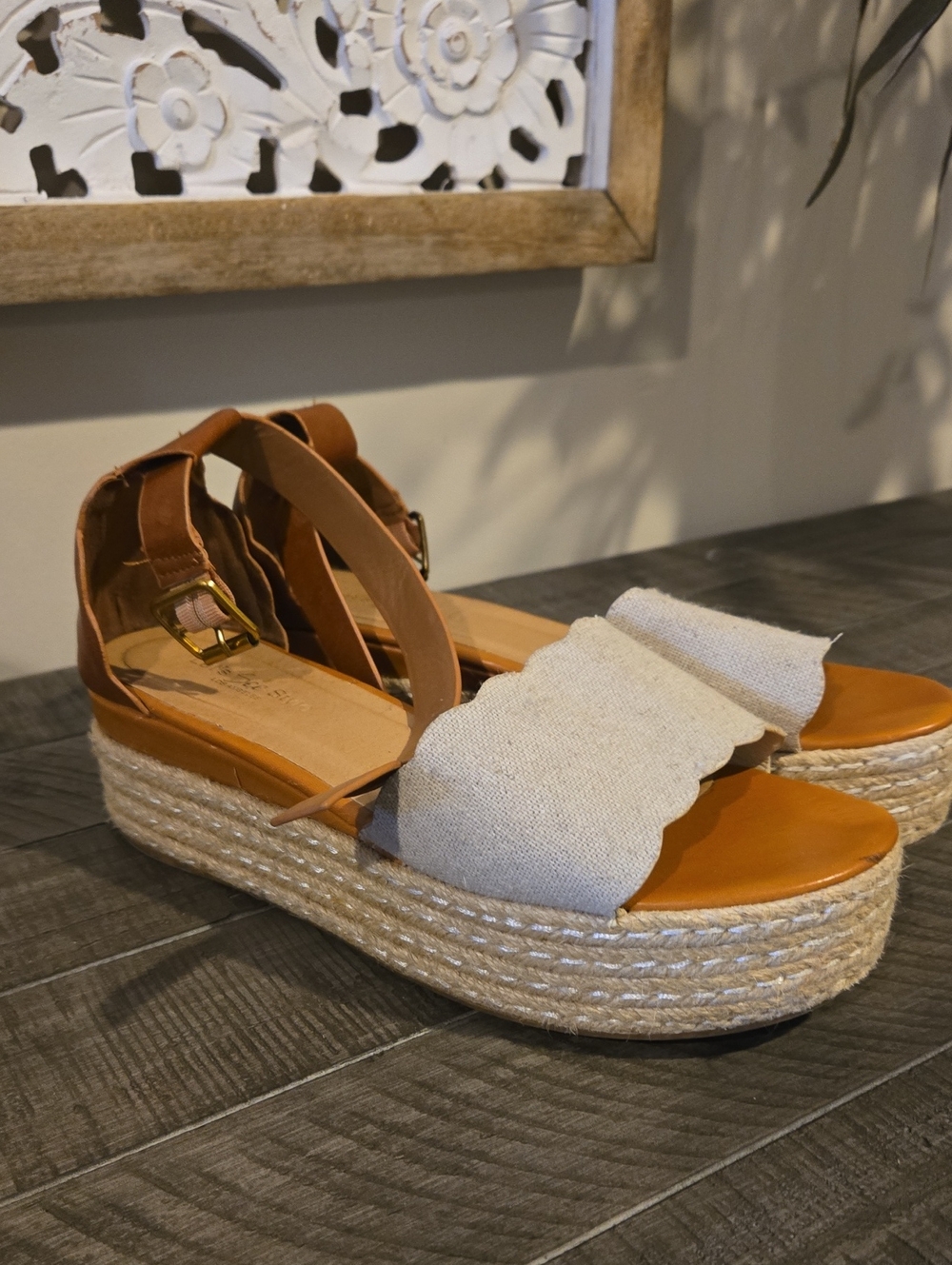 Platform Espadrille Sandals with Cream Scallop Strap and Tan Ankle